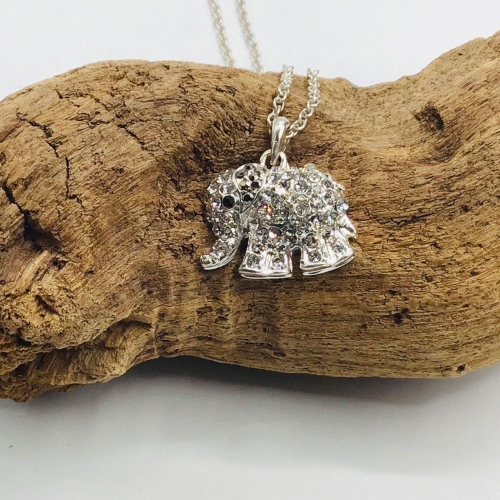 ELEPHANT Necklace 10” Chain Clear Rhinestone Crystals Animal Silver To…